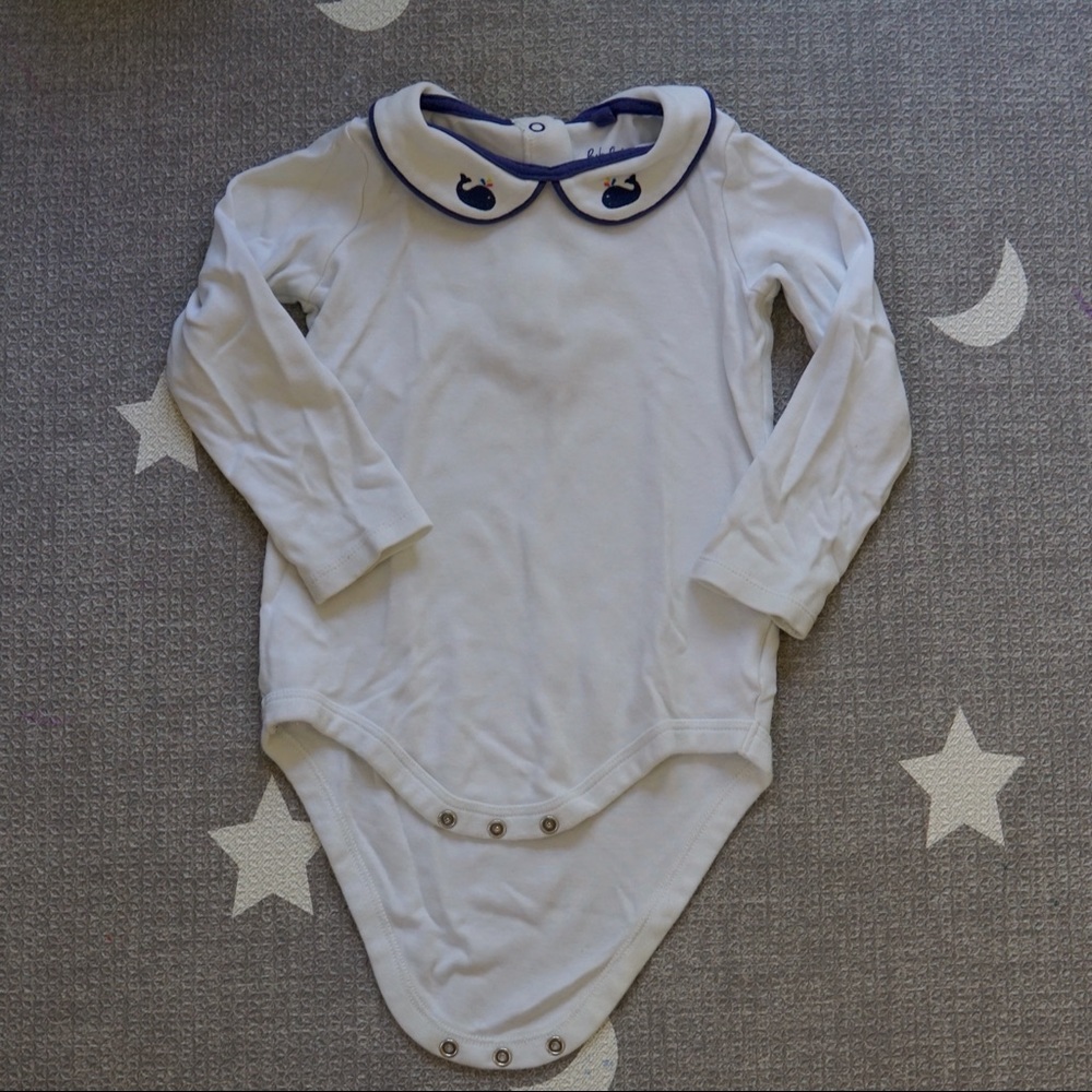 BabyBoden Whale White Long Sleeve Peter Pan Collar Onesie Sz 2-3T